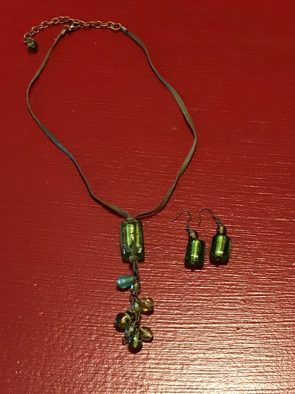 Vintage Avon Suede Strand with Green Glass Bead Necklace and Matching Earrings
